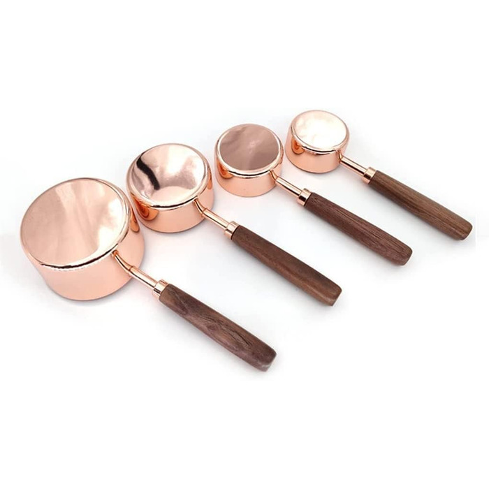 FBHappiness 4-Piece Stainless Steel Measuring Spoon Set with Walnut Handle, Copper Measuring Cup Set for Baking and Cooking