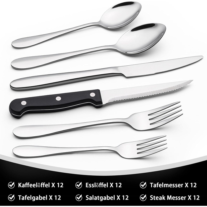 12-Person Cutlery Set, 72-Piece Stainless Steel Cutlery Set with Steak Knives, Eating Utensil Set with Knife Fork Spoon, Elegant Dinnerware for Restaurant/Party, Dishwasher Safe