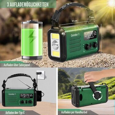 Радіо на сонячній батареї з ручним заводом 20000mAh, AM/FM, радіо для екстрених ситуацій, зарядний пристрій для телефону, SOS-сигнал, ліхтарик та лампа для кемпінгу та надзвичайних ситуацій, зелений