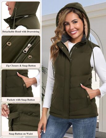 Жіноча жилетка Tuopuda з капюшоном, стеганий фліс, тепла зимова куртка без рукавів, термо жилетка з коміром-стійкою, на блискавці, осінь/зима (армійний зелений, XL)