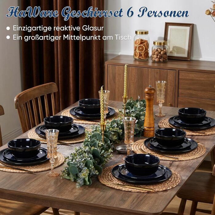 Набір посуду HaWare на 6 осіб, 18 предметів: тарілки з реактивної глазурі, комплект посуду для сервірування столу (Edelblau)