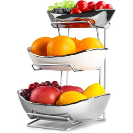 Керамічна фруктова ваза на стільницю, 3-ярусна, з металевим каркасом, для фруктів, овочів та десертів (срібна)
