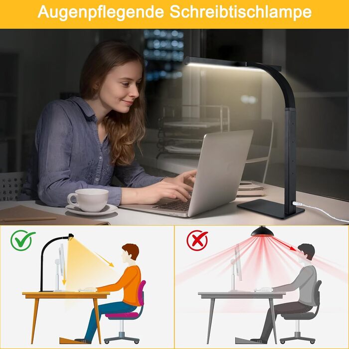 LED лампа настільна диммируемая 12W для офісу, дому та навчання, захист очей, світло дня, гнушийна шийка, 5 кольорів, плавне регулювання яскравості