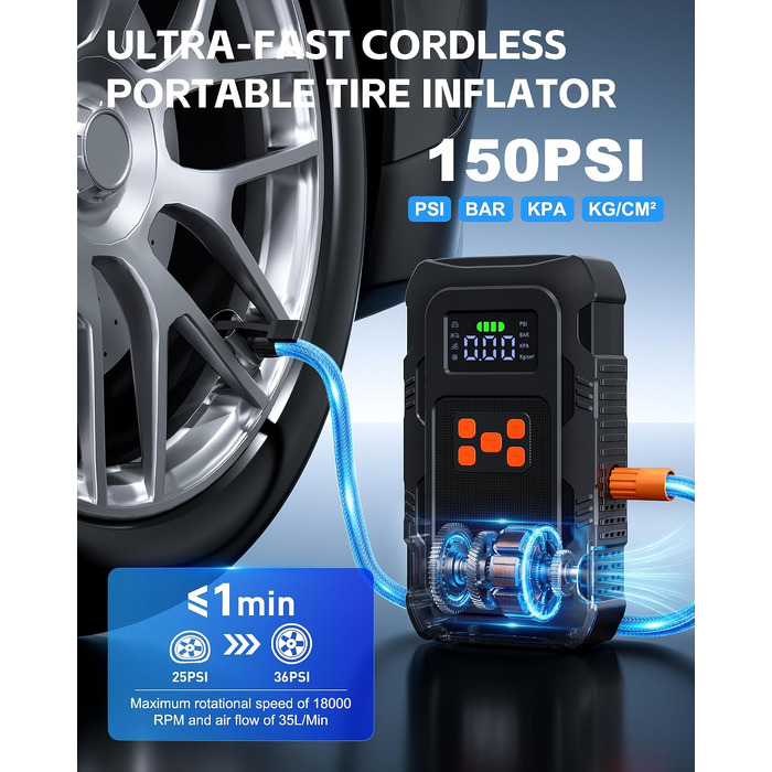 Пусковий пристрій Povasee Jump Starter 9000A з компресором 150 PSI, бустер для авто 12V та Powerbank з ліхтариком (Червоний/Чорний)