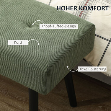 HOMCOM Upholstered Bench with Corduroy Cover, Tufted Bed Bench with Metal Legs, Shoe Bench Entryway Furniture for Bedroom, Living Room, Hallway 100 x 36 x 45 cm Green | Aosom
