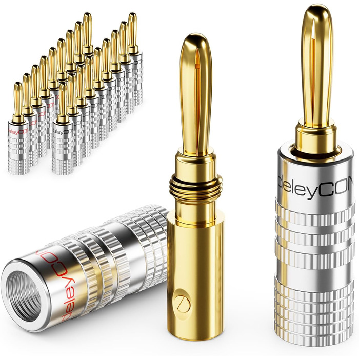 Бананові конектори deleyCON (24 шт.) - позолочені, гвинтові, для акустичних кабелів 0.75-4.5 мм - Hi-Fi ресивери, срібні