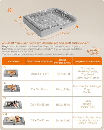 Ортопедичне ліжко для собак Feandrea, великий розмір, вологостійке, знімний плюшевий чохол, 122 x 85 x 16 см, PGW254G02 (XL 106 x 76 x 16 см, таунграу)