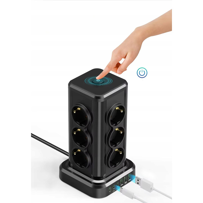 Мережевий фільтр Perys: 12 розеток, 3x USB-A, 3x USB-C, 2 м, чорний