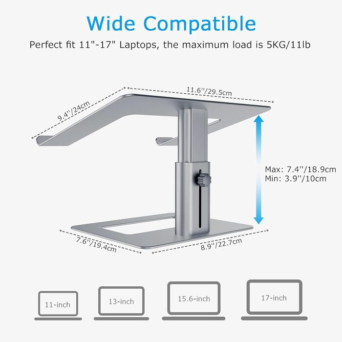 Adjustable Laptop Stand Riser - Ventilated Aluminum Notebook Holder for Desk - Compatible with 10-17