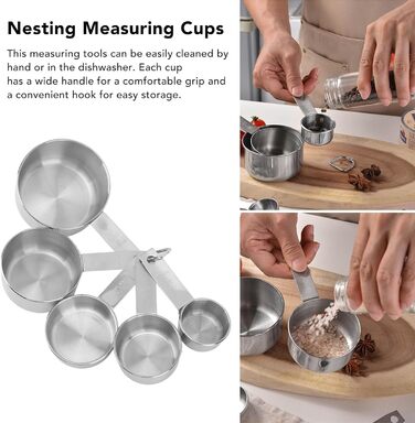 Stainless steel measuring cups, stainless steel measuring spoon set, 5-piece metal measuring cup set, nesting measuring cups, mini measuring spoons, stackable measuring cups for baking and cooking / 1366