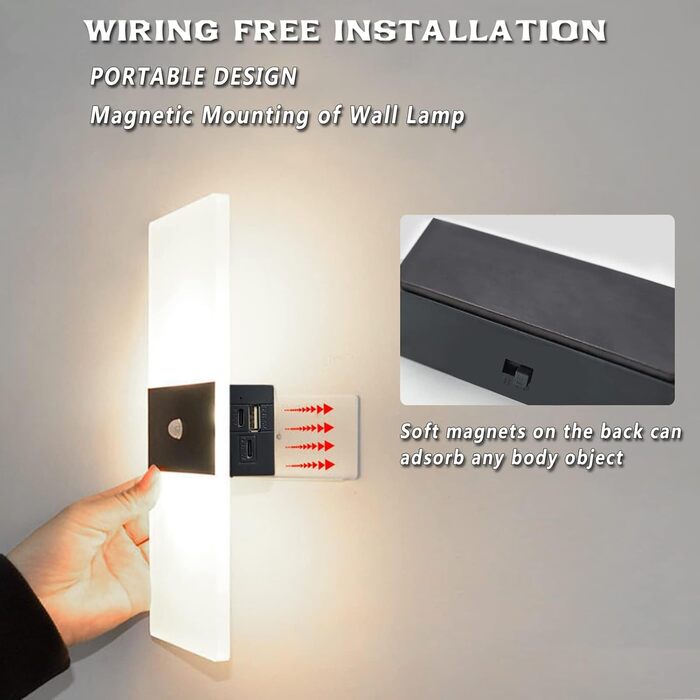 LED настінний світильник VOMI з датчиком руху, акумуляторний, бездротовий, USB зарядка, 4000mAh, для коридору та сходів, 2 білих світлодіодів, 6000K