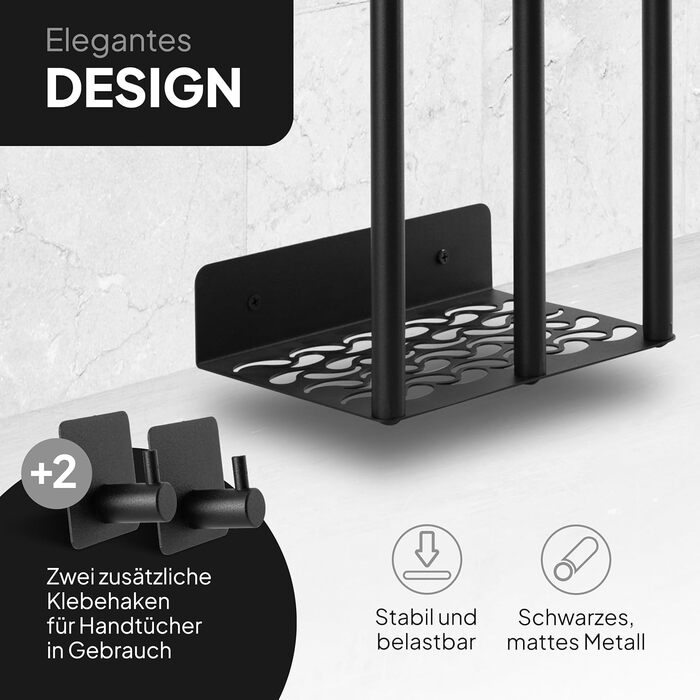 Тримач для рушників на стіну без свердління, чорний, 72,5 см - металева полиця для рушників у ванну кімнату, самоклеюча, для великих та маленьких рушників