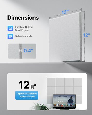 Акустичні панелі квадратні самоклейні для звукоізоляції стін, шумопоглинаючі плити високої щільності, 30x30x0.9 см, 18 шт, білі