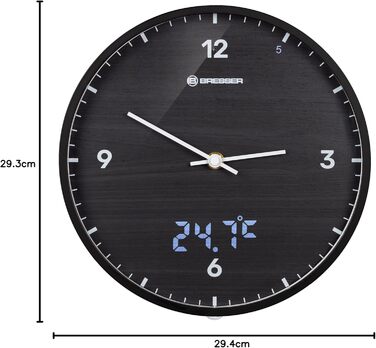Bresser MyTime Radio-Controlled Wall Clock without Ticking Sounds, 24 cm Dial, LED Second Display, Indoor Temperature, and Silent Radio Clock Movement (Black)