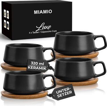 MIAMI - Set of 4 x 320 ml Coffee Cups/Cappuccino Cups with Saucers/Elegant/Modern/Coffee Cups made of stoneware - Luxe Collection 4-Piece Set (Black)