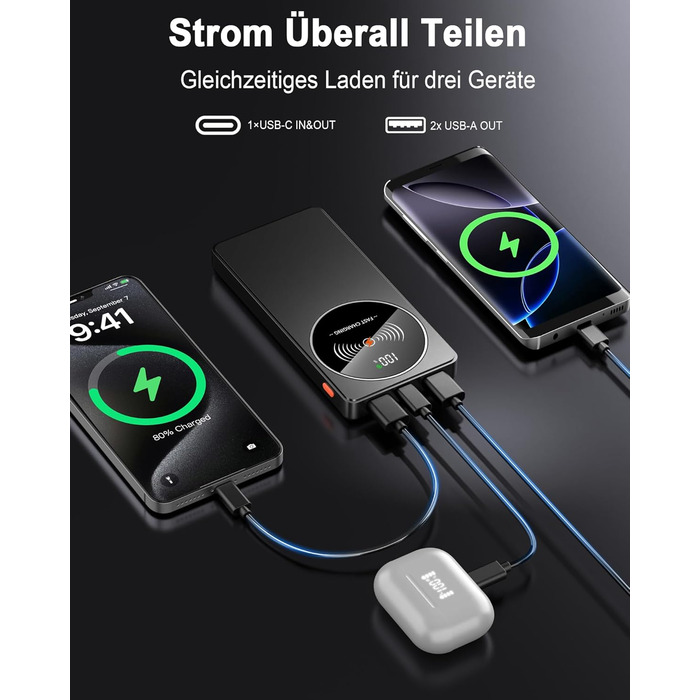 Портативний зарядний пристрій Power Bank Klein 10000mAh з USB-C, 3 порти, сумісний з iPhone 17/16/15/14/13 Pro Max Plus Mini, Android, чорний