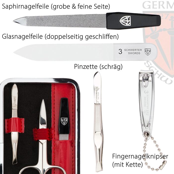 Набір для манікюру Drei Schwertter 'Genova' 6 предметів | Німецька якість | У подарунковій коробці з червоного штучної шкіри | Манікюрний набір: ножиці для нігтів, ножиці для кутикули, кусачки для нігтів, скляна пилка для нігтів, пінцет, сапфірова пилка д