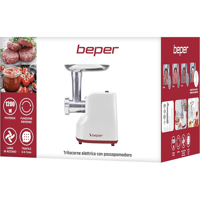 М'ясорубка електрична BEPER P102ROB200 з нержавіючої сталі, 1200 Вт + насадка для томатів