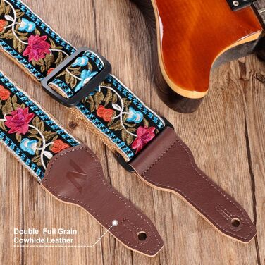 Гітарний ремінь Nefelibata Banjo-Gurt, 5,1 см, повна шкіра з телячої шкіри, вишивка квітів