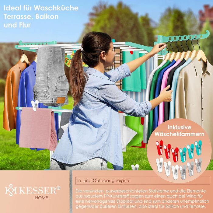 Кесер® Сушилка для білизни з колесами - Турбо-модель, 4 яруси, білий/антрацитовий, з кліпсами