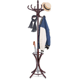 GIANTEX Coat Rack with Umbrella Stand, Clothes Rack Wood with 12 Clothes Hooks, Wooden Coat Tree Freestanding, Standing Coat Rack for Entryway Living Room (White) (Brown)