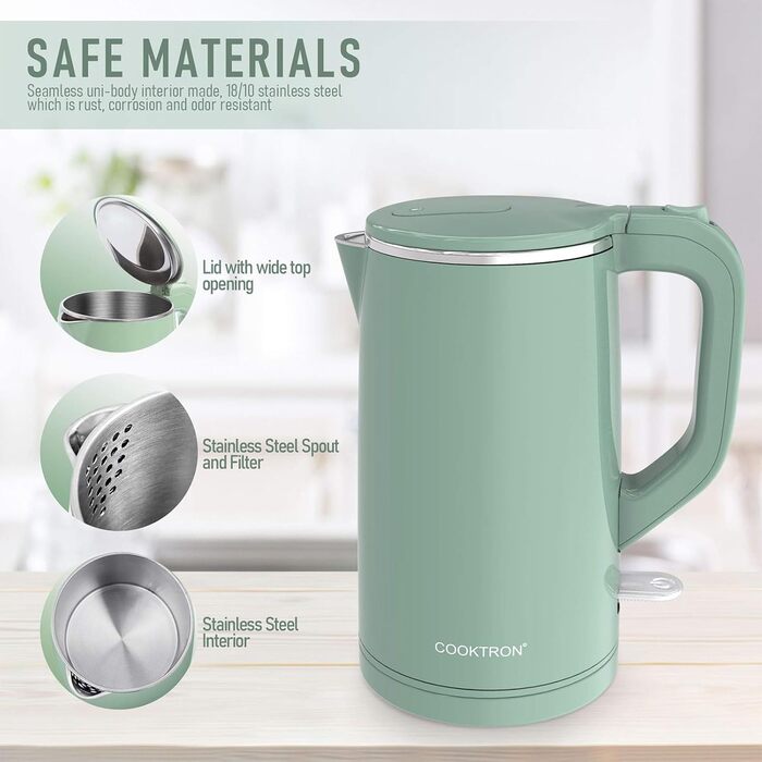 Cooktron Leiser Kettle, Stainless Steel Kettle 1.7L, Extra Quiet <30dB, BPA-Free, 2000W, Cool Touch, Double-Walled Design, Fast Heating, Green 1.7 Liter Green