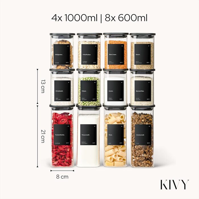 12 шт. скляні контейнери для зберігання KIVY – чорні, повітряно-непроникні, з кришкою