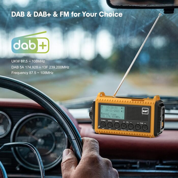 Радіоприймач Kurbelradio з DAB+/DAB/UKW, акумулятор 5000mAh, ліхтарик, аварійне радіо, USB-зарядка, FM, динамо, SOS-сигнал, для туризму та відпочинку на природі (жовтий)
