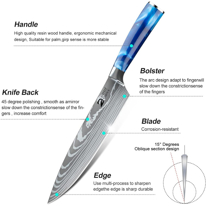 Набір кухонних ножів Dfito, 8 предметів, професійний, з роллю, з високоякісної нержавіючої сталі, синій руків'я