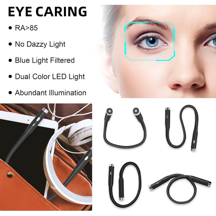 Ліхтарик на шию LED для читання, гнучкий, з USB зарядкою, 3 кольори світла, захист очей для дорослих та дітей, чорний