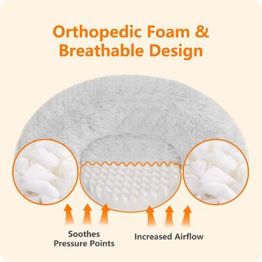 Ортопедичне ліжко для собак круглої форми, м'яке ліжко-лежанка для собак та котів, ліжко-софа Donut, зручний кошик для собак, можна прати, діаметр 70 см, сірий колір, розмір 70 x 70 x 20 см