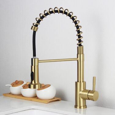 Чорний кухонний змішувач з висувною лійкою, високий поворотний вилив, 2 режими розпилення, шланговий, нержавіюча сталь, матове золото