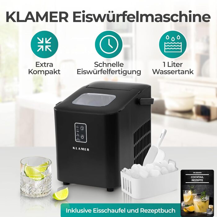 Машина для приготування льоду KLAMER - компактна модель (1L), чорна. Швидкість: 8 кубиків за 8 хвилин, 11 кг на день. 2 розміри кубиків, з лопаткою та ручкою.
