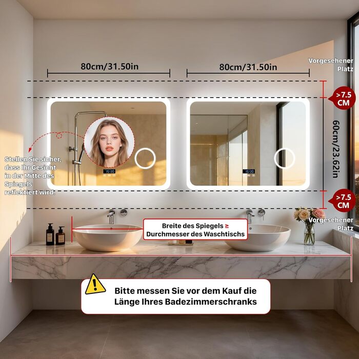 Дзеркало для ванної кімнати LUVODI з підсвічуванням 100x70 см: годинник, температура, дата, антизапар, регулювання яскравості, 3 кольори світла, функція пам'яті, LED, водонепроникність (60L x 80B см, 3x лупа + Bluetooth)