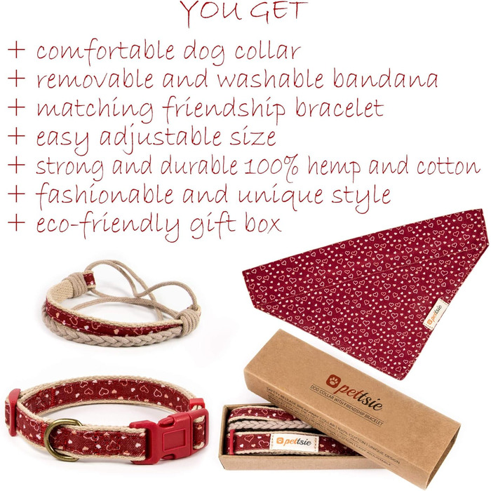 Pettsie dog bandana with collar and friendship bracelet, Adjustable sizes S, M, and L, Detachable bandana cloth, Attractive packaging included, Dog lover, L, Red