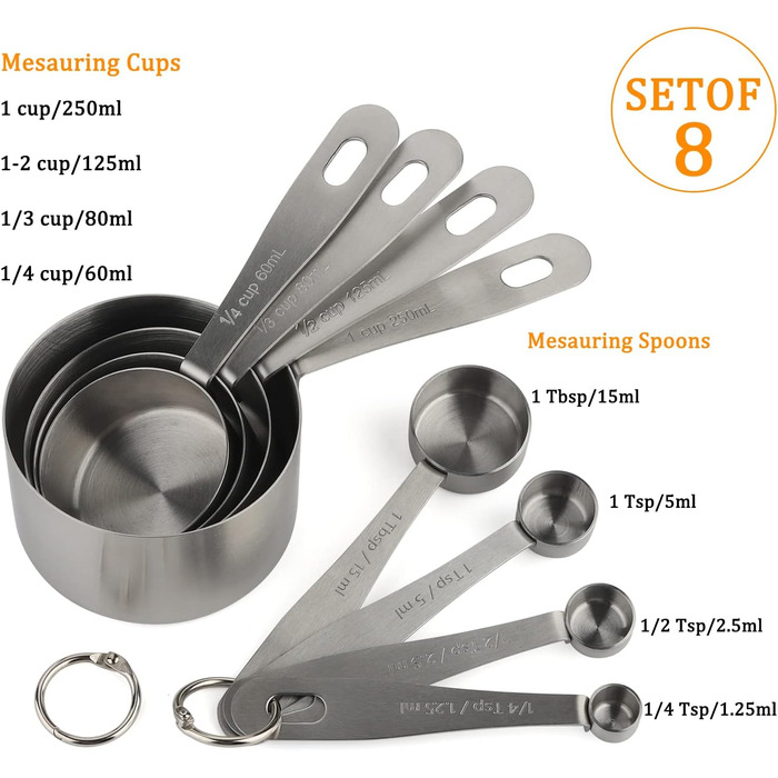 Stainless steel measuring cups and spoons, set of 8 consisting of 4 measuring cups and 4 spoons for dry and liquid ingredients