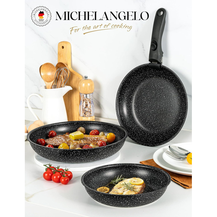 Набір сковорідок Michelangelo 4 шт. (20/24/28 см) знімний ручка, для індукції, антипригарне покриття мармур, до 240°C, чорний