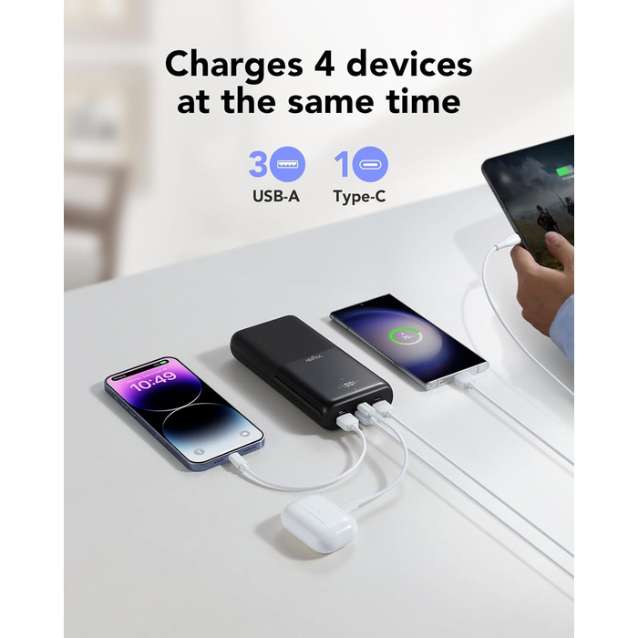 Power Bank VIYISI 30000mAh з LED дисплеєм, 20W PD, 4 виходи та 3 входи, сумісний з iPhone/iPad/Samsung/Huawei, чорний