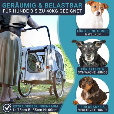 2-в-1: велосипедний причіп та візок для собак - для малих та великих собак до 40 кг. З безпечним ременем, відбивачами, дощем та прапором.