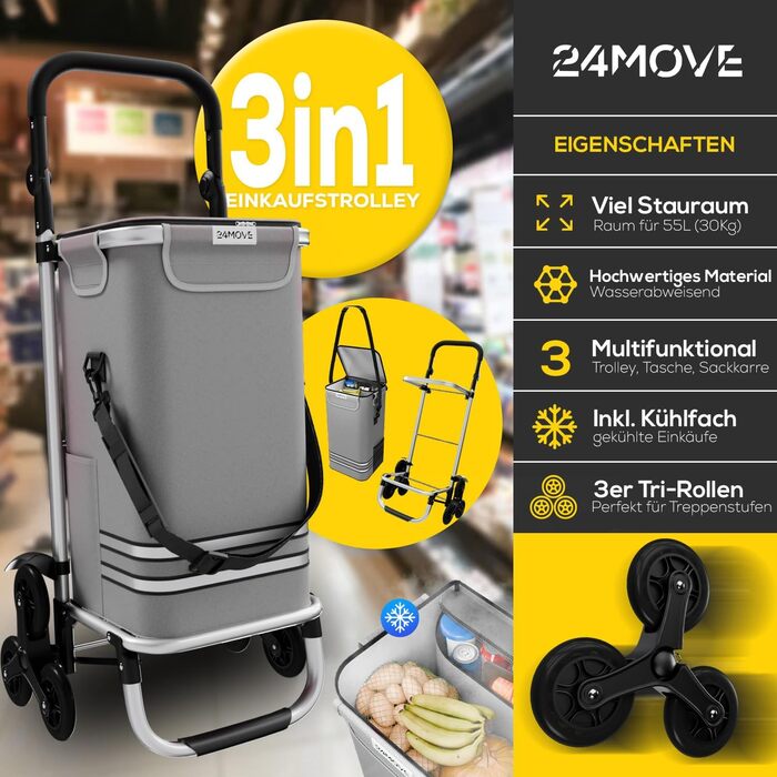 Тролей для покупок Vehlo 24MOVE®: 55л, з холодильником, 3-в-1 (сумка, візок, тачка), до 30кг, сірий