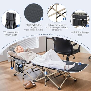 Ліжко-розкладачка Yaheetech для кемпінгу, сіре, до 150 кг, з бічною кишенею та сумкою для транспортування