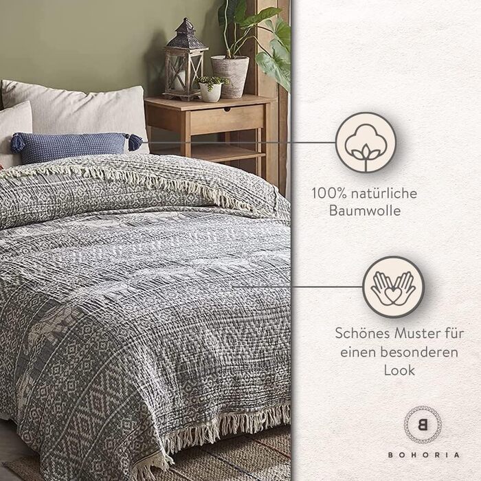 BOHORIA® Premium Muslin Throw Blanket 220x240cm Namaste | extra large | 100% Cotton | Throw for Sofa, Armchair & Bed | Cozy Blanket Sofa Blanket Wool Blanket Living Room Blanket (220 x 240 cm, Plum)