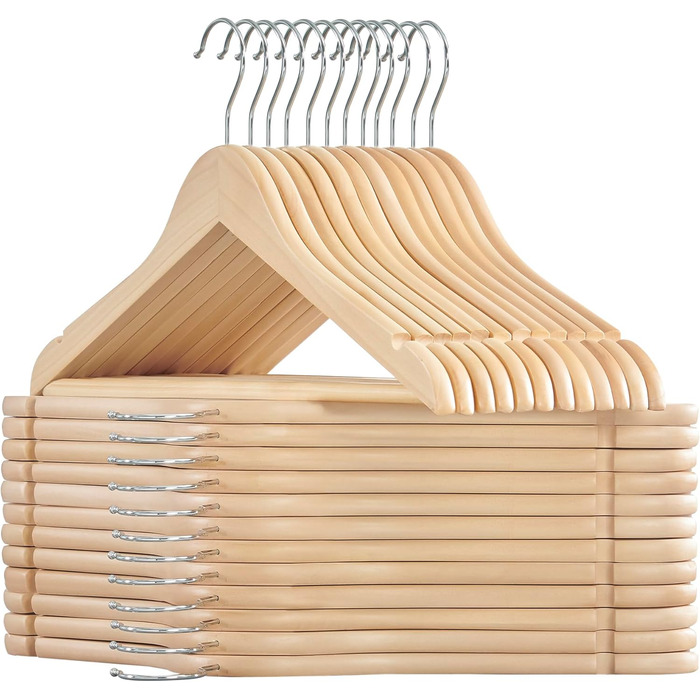 SONGMICS Wooden Clothes Hangers, 24-Piece Set, Wooden Hangers, Shoulder Indentations, Trouser Bar, Trouser Hanger, 360° Swivel Hook, for Jackets, Shirts, Coats, Natural Beige CRW010N24