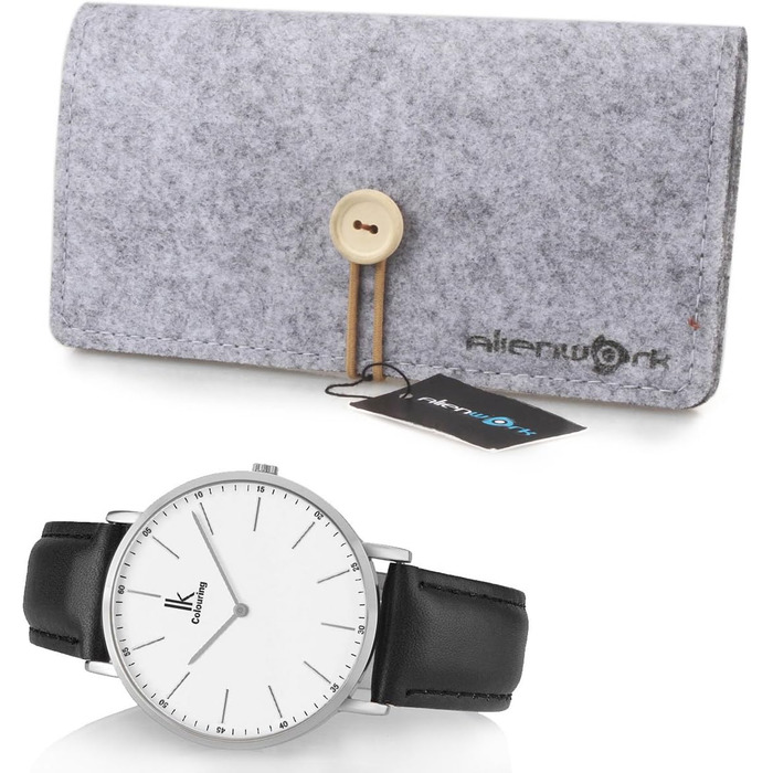 Годинник наручний Alienwork IK Slim Ø36mm для чоловіків та жінок, ультратонкий, шкіряний ремінець (срібло/срібно-білий/чорний шкіряний ремінець)