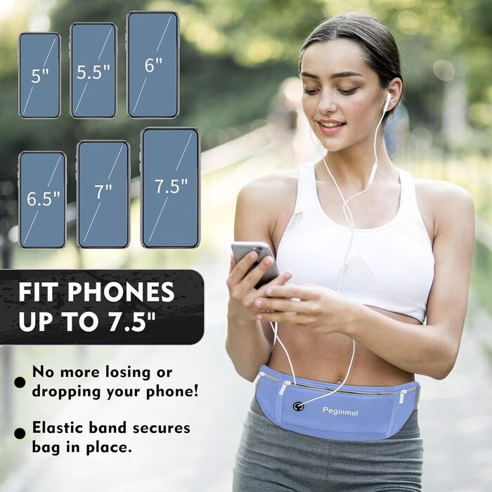 Пояс для телефону для бігу, спортивна сумка для джогінгу, водонепроникний пояс на пояс для бігу для жінок та чоловіків з 3 кишенями, велика місткість, регульований біговий пояс (Чорний + Зелений) (Синій)
