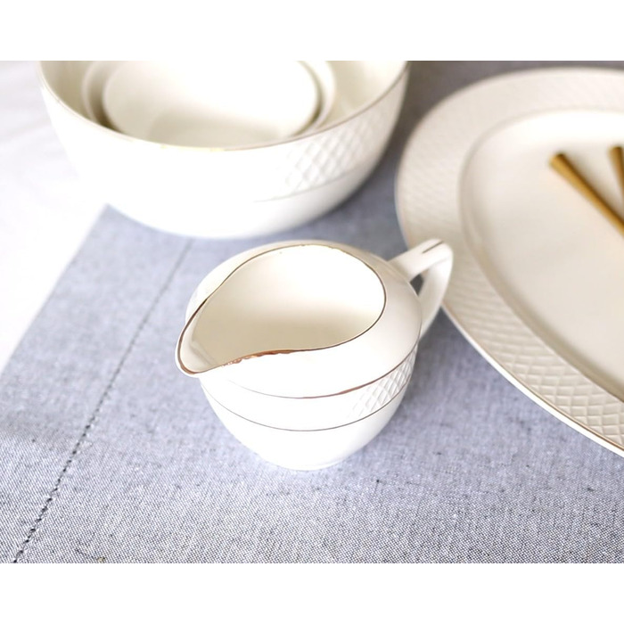 Wilmax Sugar Bowl + Milk Jug Set - 2-Piece - Porcelain Milk & Sugar Containers with Gold Pattern - White - Sugar Dispenser with Lid - Coffee Service for Milk Coffee Tea