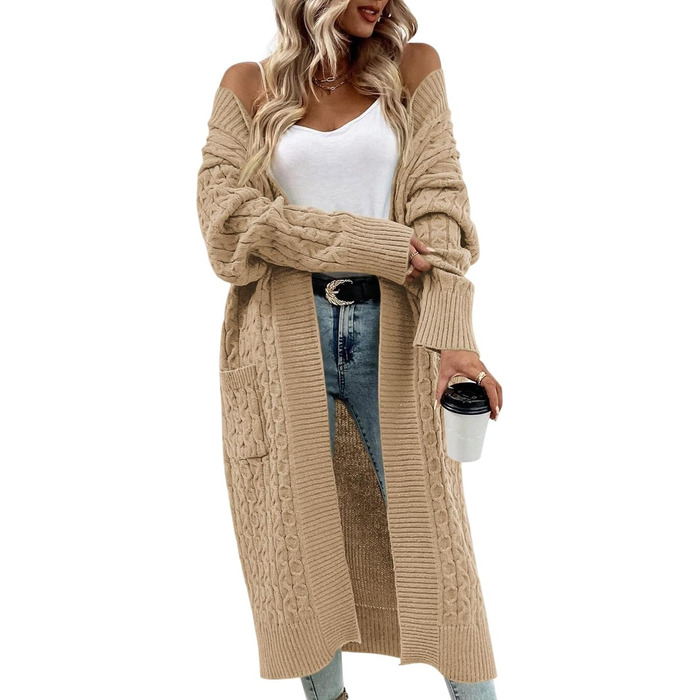 Жіночий в'язаний кардиган Saodimallsu великої в'язки, оверсайз, відкритий спереду, з кишенями, хакі, XL