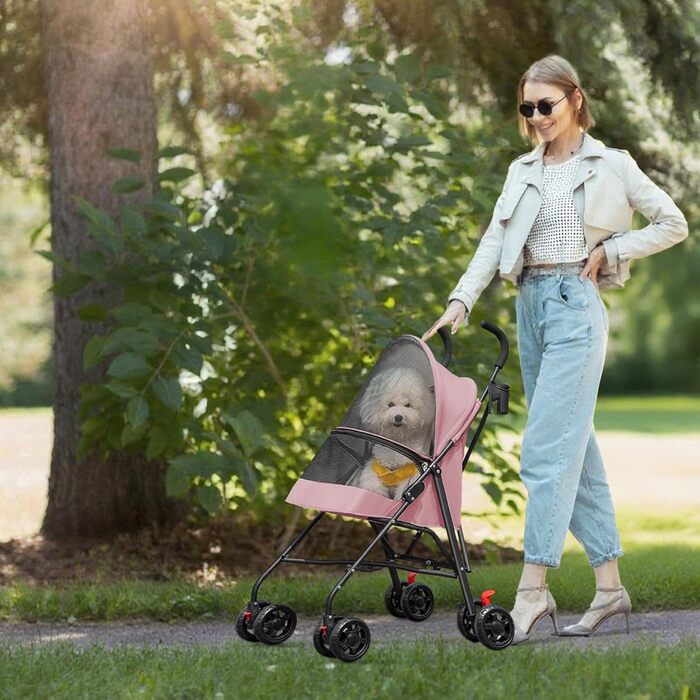 Візок для собак Homewell 2в1, прогулянковий візок для тварин з підсклянниками, переноска для собак, складаний, з гальмом та захистом від дощу, візок-джерсі для домашніх тварин (Рожевий)