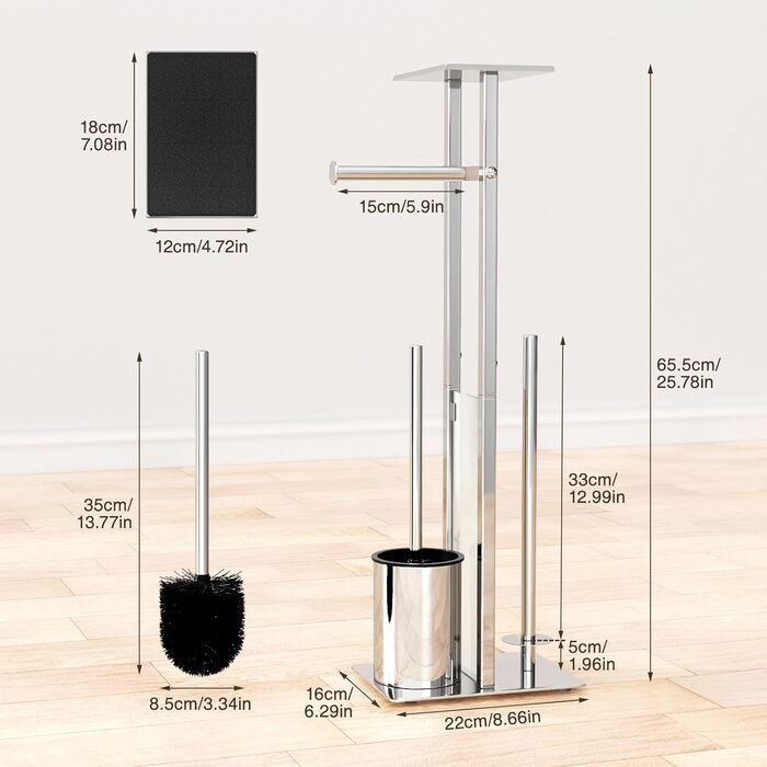 Stainless Steel Toilet Paper Holder with Brush & Shelf - Freestanding Toilet Roll Dispenser with Cover & Tray (Silver)