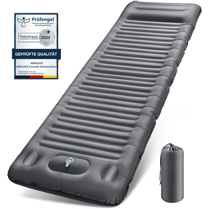 JEMULICE Self-Inflating Sleeping Pad - 12cm Thick, Compact Camping Air Mattress with Foot Pump & Pillow, Ultralight Waterproof for Hiking & Outdoor Use - Grey